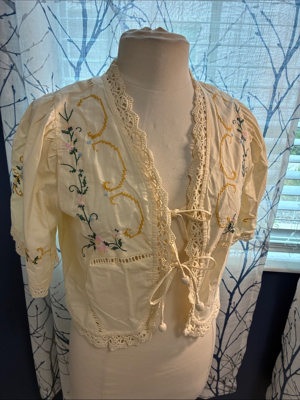 Jennifer & Grace Vintage-Inspired Cream Embroidered Tie-Front Women's Top